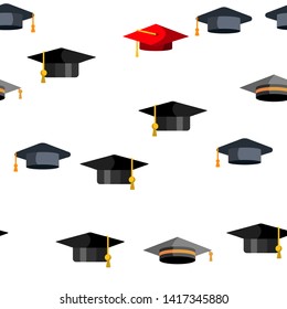 Mortarboard, Academic Cap Vector Color Icons Seamless Pattern. Mortar Board, Education Linear Symbols Pack. University, School, College Graduation Ceremony. Bachelor, Masters Illustrations