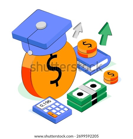 Mortarboard with book and dollar, isometric design of educational grant