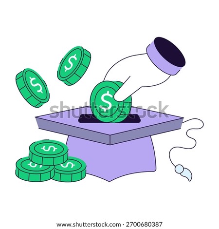 Mortarboard with books and dollar sack, flat design of educational grant