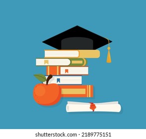 Mortarboard cap on piles of textbooks and diploma scroll eps 10