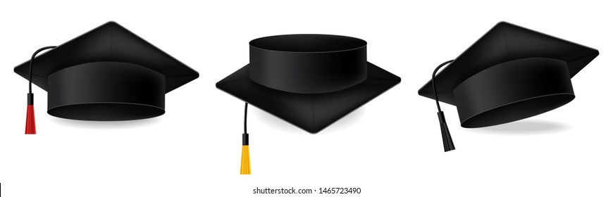 Mortarboard collection. Graduation cap set vector realistic illustration