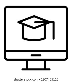 A mortarboard in a computer depicting online education concept 