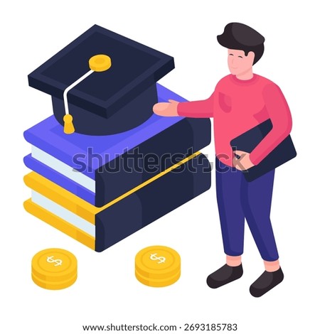 Mortarboard with dollar, isometric design of educational grant