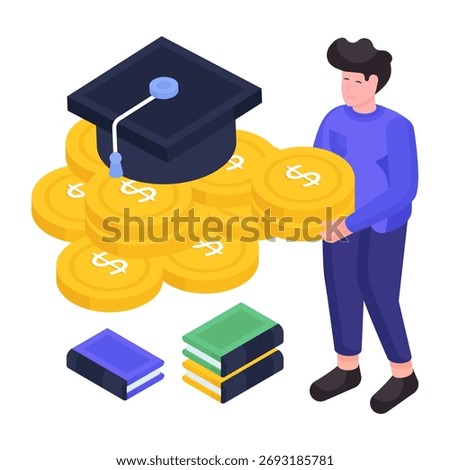 Mortarboard with dollar, isometric design of learning grant