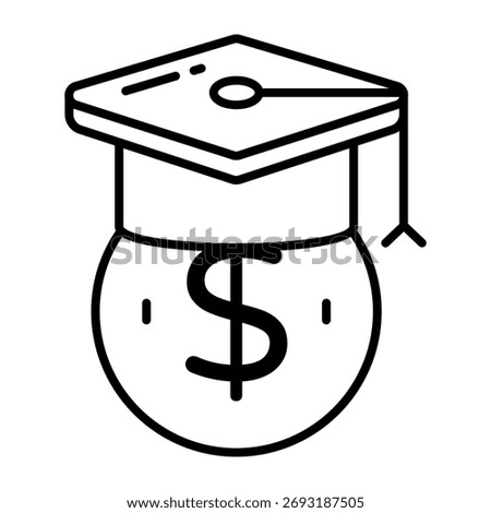 Mortarboard with dollar, linear design icon of educational grant