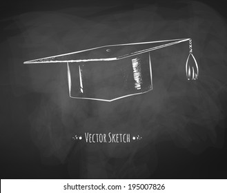 Mortarboard / Graduation Cap Drawn On Chalkboard. Vector Art.