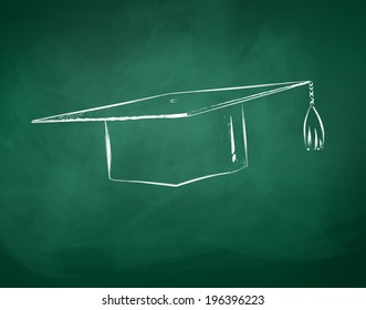 Mortarboard / graduation cap drawn on green chalkboard. Vector art.