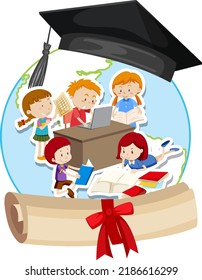 Mortarboard hat with students doing homework illustration