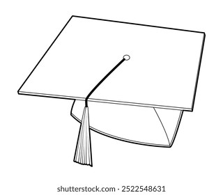 Mortarboard Hut mit Quaste. University Head Mode Zubehör Kappe Kleidung technische Illustration. Vektorkopfbedeckung für Herren, Damen, Unisex-Stil, flache Vorlage CAD-Mockup Skizze einzeln