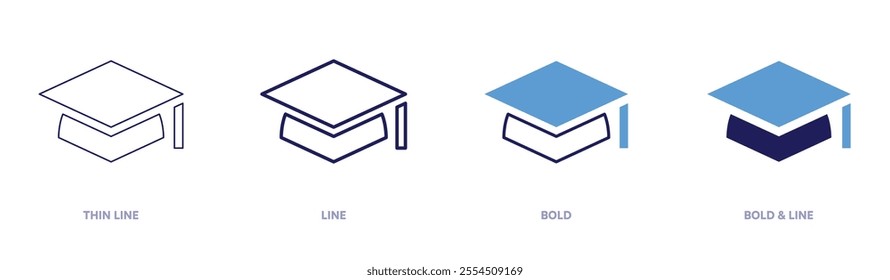 Mortarboard icon in 4 different styles. Thin Line, Line, Bold, and Bold Line. Duotone style. Editable stroke.