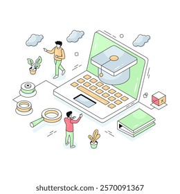 Mortarboard inside laptop, isometric design of distance education