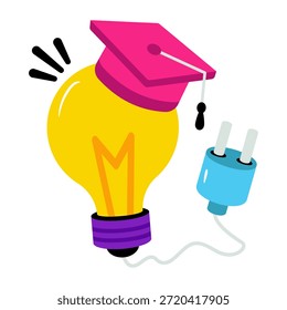 Mortarboard dentro da lâmpada, design plano de ícone de escrita acadêmica