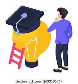 Mortarboard dentro da lâmpada, design isométrico da ilustração de escrita acadêmica