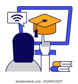 Mortarboard inside monitor, flat design of e learning