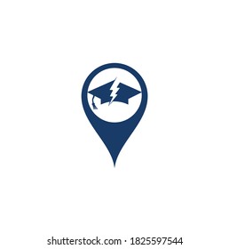 Mortarboard y relámpago Plano de mapa Flash forma de la plantilla de logotipo del vector concepto de educación. Icono de símbolo Thunder y hat
