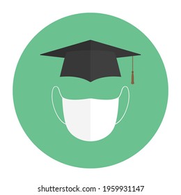 Mortarboard and medical mask. Higher education during quarantine. Vector icon.