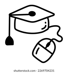 Mortarboard with mouse, hand drawn icon of online education 