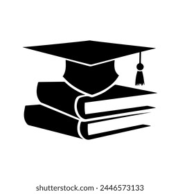 Mortarboard auf Bücher-Symbol. Logo der Bildung. Schwarzes Bildungs-Logo mit Mörteltafel auf Bücher-Ikone, symbolisiert akademische Leistung und Wissen. Vektorillustration, isoliert auf weißem Hintergrund.