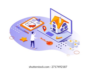 Concepto isométrico 3d de la hipoteca con el diseño de la gente de la isometría para el Web. Hombre eligiendo una nueva casa con un plan, obteniendo préstamos bancarios para la compra de bienes raíces, usando préstamos de crédito en la casa. Ilustración vectorial.