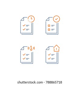 Mortgage application form icon, rental house contract creation, document terms and conditions, loan approval checklist, home ownership, vector line icon, thin stroke