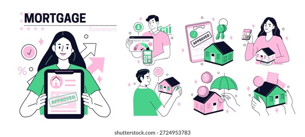 Aprovação de hipoteca, empréstimo, conjunto de financiamento. Caracteres que mostram a pontuação de crédito, o seguro residencial.  Conceito imobiliário. Ilustração vetorial.