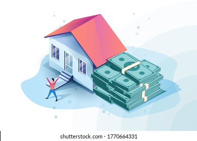 Mortgage approved isometric illustration with house and bunch of money. Happy man got mortgage.