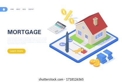 Mortgage banner concept. Residential building with a mortgage agreement on a white background. Real estate purchase and rental. Vector isometric illustration.