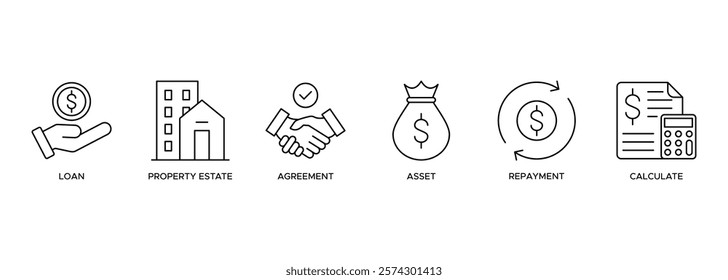 Mortgage banner web icon illustration concept with icon of loan property estate agreement asset repayment and calculate.