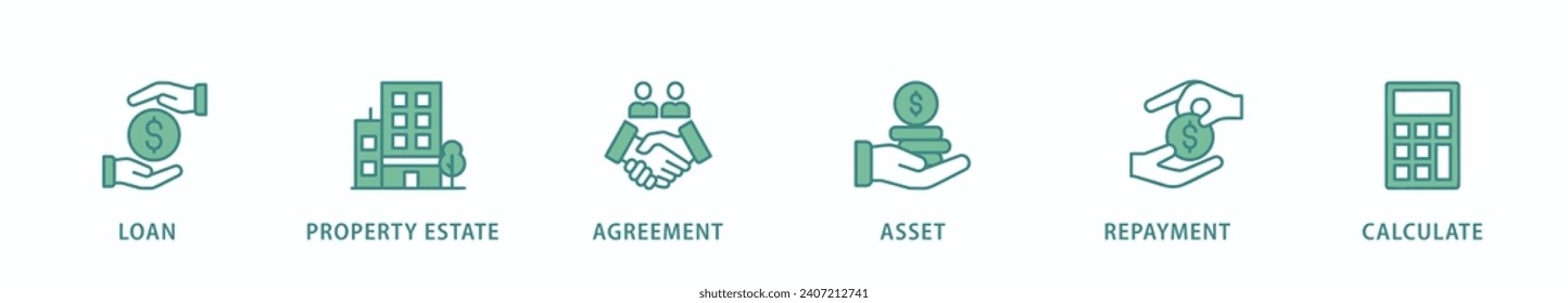 Mortgage banner web icon vector illustration concept with icon of loan, property estate, agreement, asset, repayment and calculate