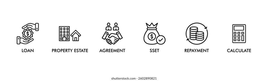  MORTGAGE banner web icon vector illustration concept for product and service quality inspection with an icon of loan, property estate, agreement, sset, repayment, calculate, 