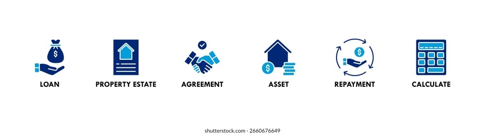 Concepto de Ilustración vectorial de ícono de Web de Anuncio hipotecario con ícono de préstamo, propiedad, Acuerdo, activo, pago y cálculo