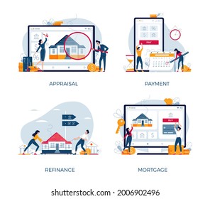 Mortgage banners set. House-buying, mortgage refinancing, monthly payment, real estate appraisal. Property purchase, loan refinance concepts collection for web design. Modern flat vector illustration