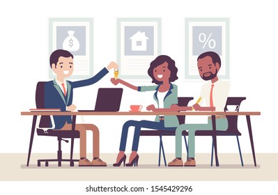 Mortgage for a black family in a bank. Young man and woman making an agreement, lending money to get own property in debt, owners receiving new apartment keys. Vector flat style cartoon illustration