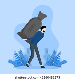 mortgage or borrow money problem concept, debt burden, financial obligation or loan repayment, heavy burden of money failure, businessman trying to carry bag of money losing big debt banknotes.