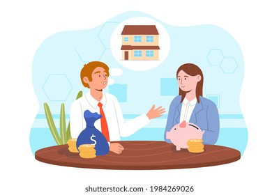 Mortgage broker advise client best deal in market. Female person spend all savings for initial fee for home and ready to pay credit to bank. Flat cartoon vector illustration concept web banner design