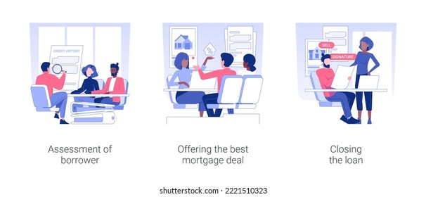 Mortgage broker services isolated concept vector illustration set. Assessment of borrower, offering the best mortgage deal, closing the loan, real estate business, sign contract vector cartoon.