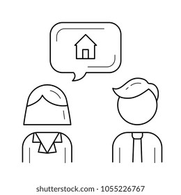 Hypothekenmakler, Vektorsymbol einzeln auf weißem Hintergrund. Broker bietet Haus zu einem Kunden-Linie Symbol für Infografik, Website oder App.