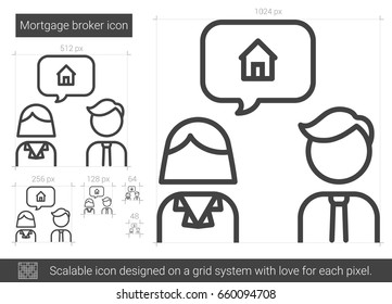 Mortgage broker vector line icon isolated on white background. Mortgage broker line icon for infographic, website or app. Scalable icon designed on a grid system.