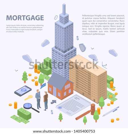Mortgage building concept background. Isometric illustration of mortgage building vector concept background for web design