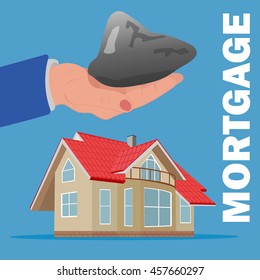 mortgage burden concept, hand with stone over home, vector illustration