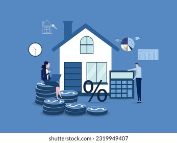 Mortgage concept, home loan or investment with real estate, real estate, investment contract, money, family buy house. Man calculates house mortgage rate, vector illustration.