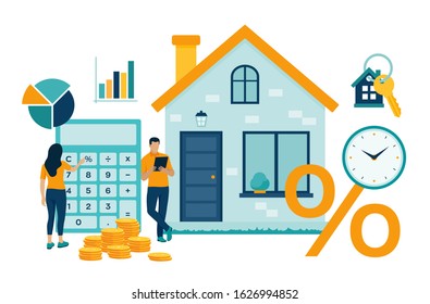 Mortgage concept. House loan or money investment to real estate. Property money investment contract. Buying Home. Man and woman calculates home mortgage rate. Vector illustration with characters.