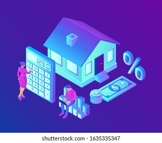 Mortgage concept. House loan or money investment to real estate. Property money investment contract. Buying Home. Man and woman calculates home mortgage rate. Isometric vector with characters.