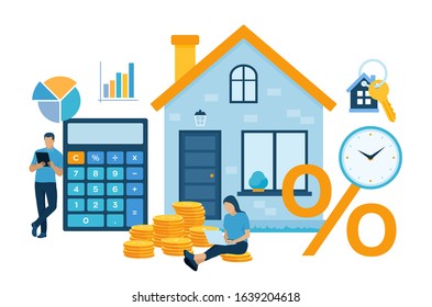 Mortgage concept. House loan or money investment to real estate. Property money investment contract. Family Buying Home. Man calculates home mortgage rate. Vector illustration with characters.