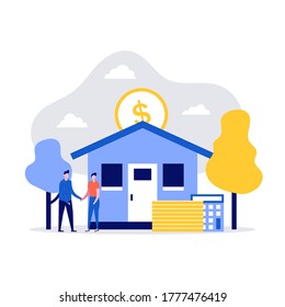Mortgage concept. House loan or money investment to real estate. Family buying home with contract. Modern vector illustration in flat style for landing page, web banner, infographics, hero images.