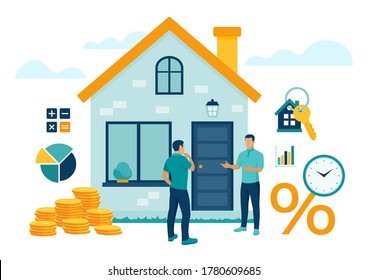 Mortgage concept. House loan or money investment to real estate. Property money investment contract. Buying Home. Real estate agent presenting house to client. Vector illustration with characters.