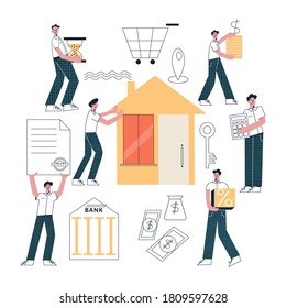 Mortgage concept. House loan or money investment to real estate. Steps to get a bank loan to buy a home, property. Flat vector cartoon illustration with many character isolated on white background