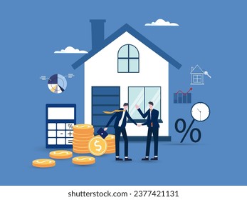 Mortgage concept. House loan or money investment to real estate. Property money investment contract. Buying Home. Real estate agent presenting house to client. Vector illustration