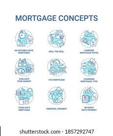 Mortgage concept icons set. Loan housing idea thin line RGB color illustrations. Interest rate payment. Seal deal. Compare loan rates. Vector isolated outline drawings. Editable stroke