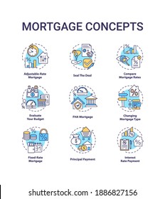 Mortgage concept icons set. Loan housing idea thin line RGB color illustrations. Adjustable-rate mortgage. Seal deal. Compare loan rates. Vector isolated outline drawings. Editable stroke